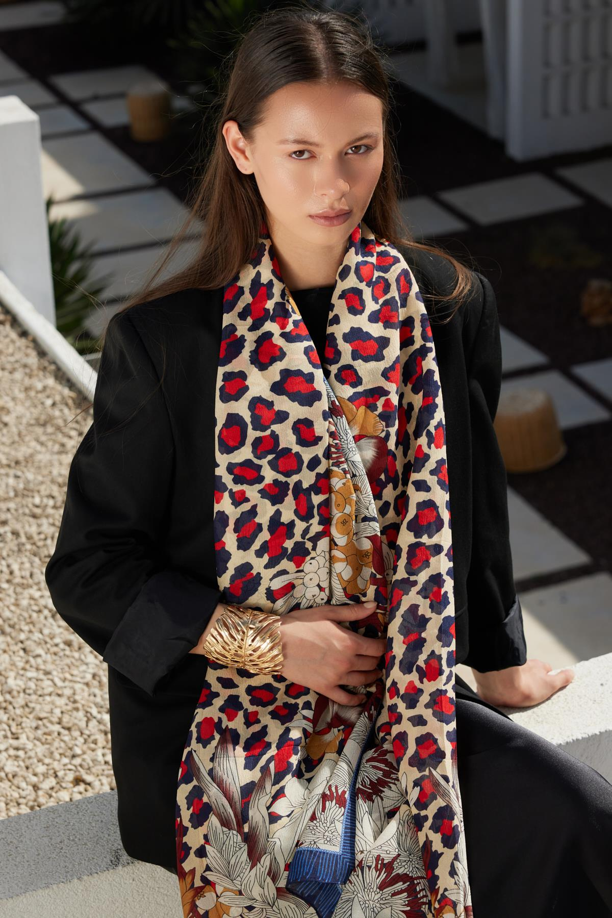 FENZA lacivert kırmızı leopar şal